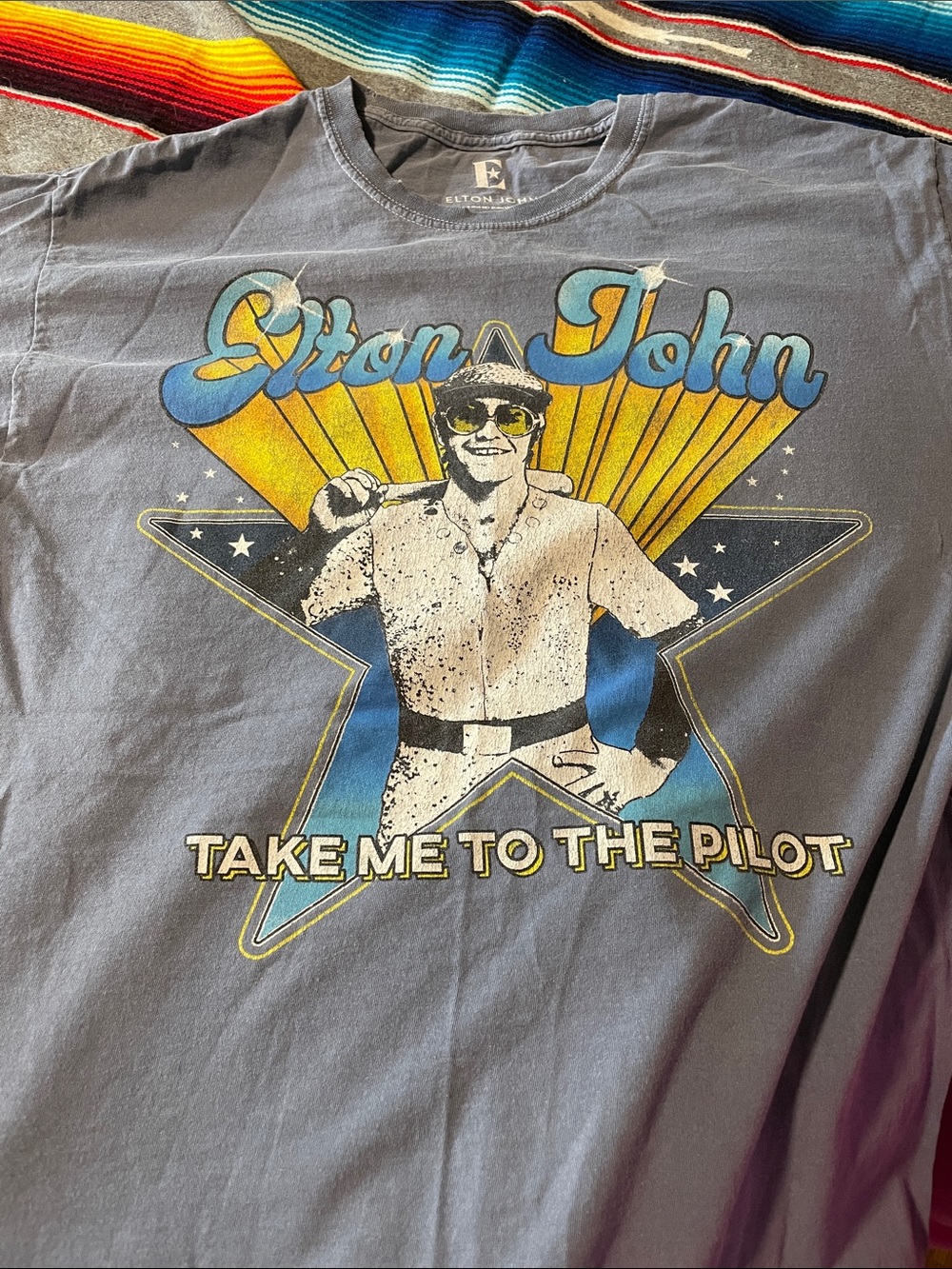 Official Elton John Merch Graphic Tee - Blue/Gray Short Sleeve Crewneck